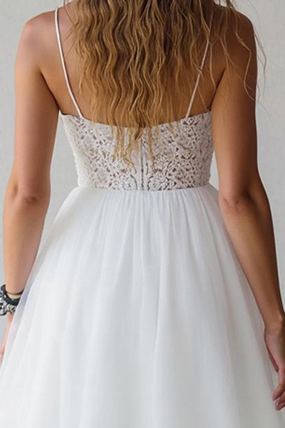 White A Line Spaghetti Straps Short Graduation Dress with Lace