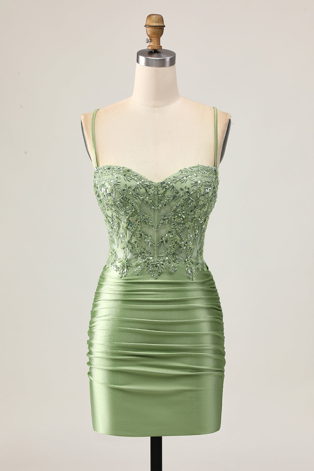 Sparkly Sage Green Tight Short Corset Homecoming Dress with Appliques