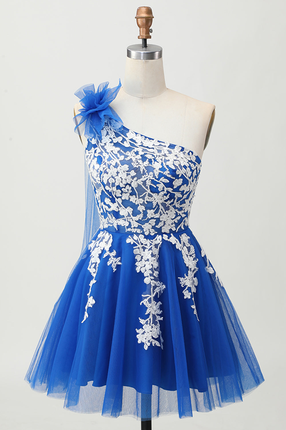 Royal Blue Tulle One Shoulder Short Homecoming Dress with 3D Flower