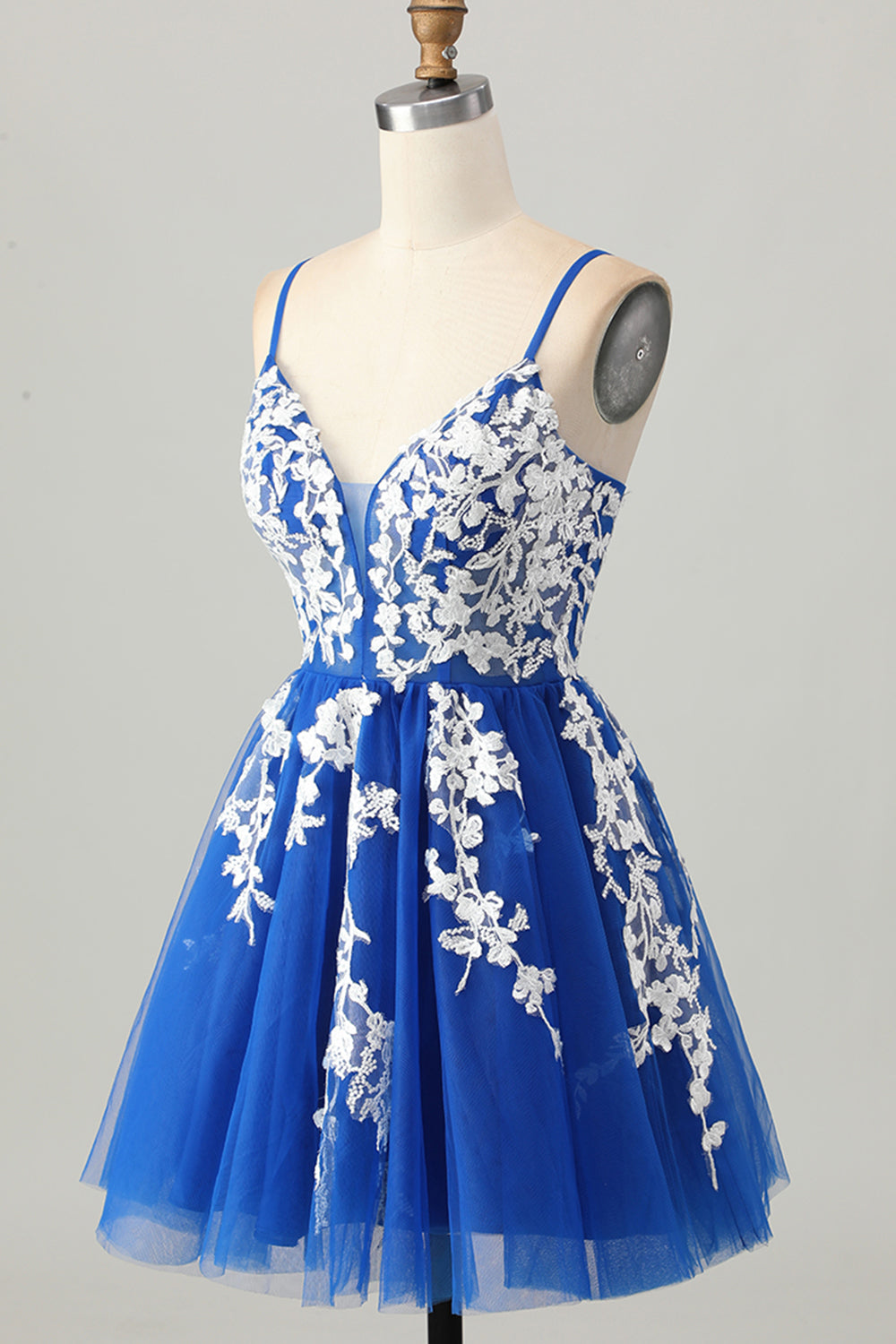 Royal Blue Tulle A Line Short Homecoming Dress with Appliques