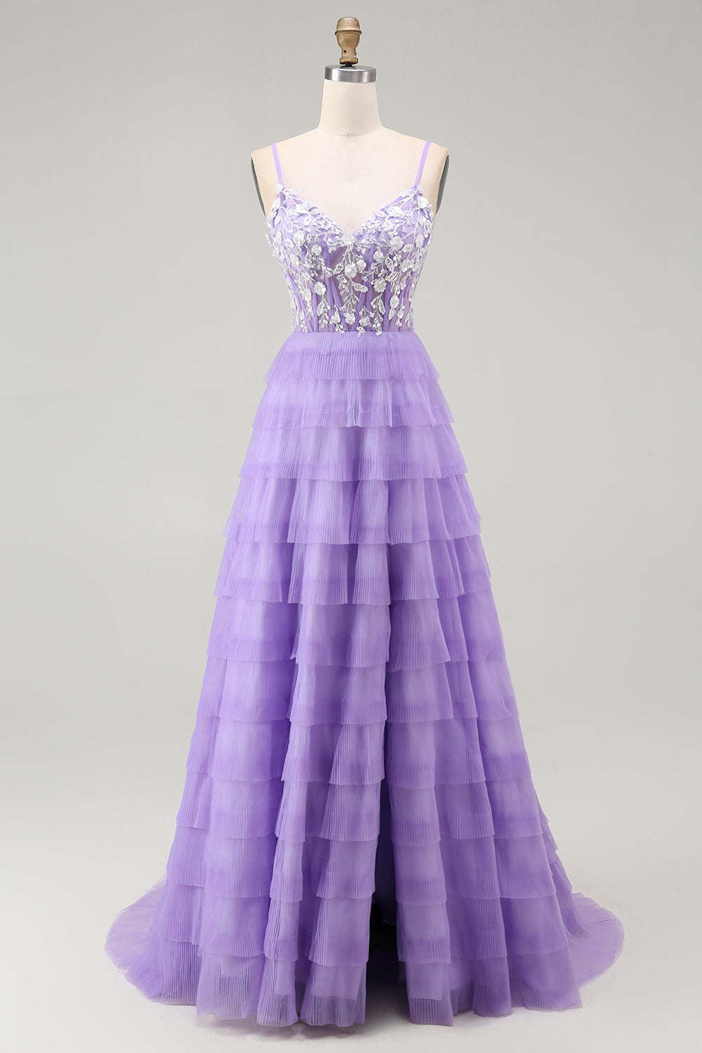 Purple Corset Tiered A Line Long Prom Dress with Sit