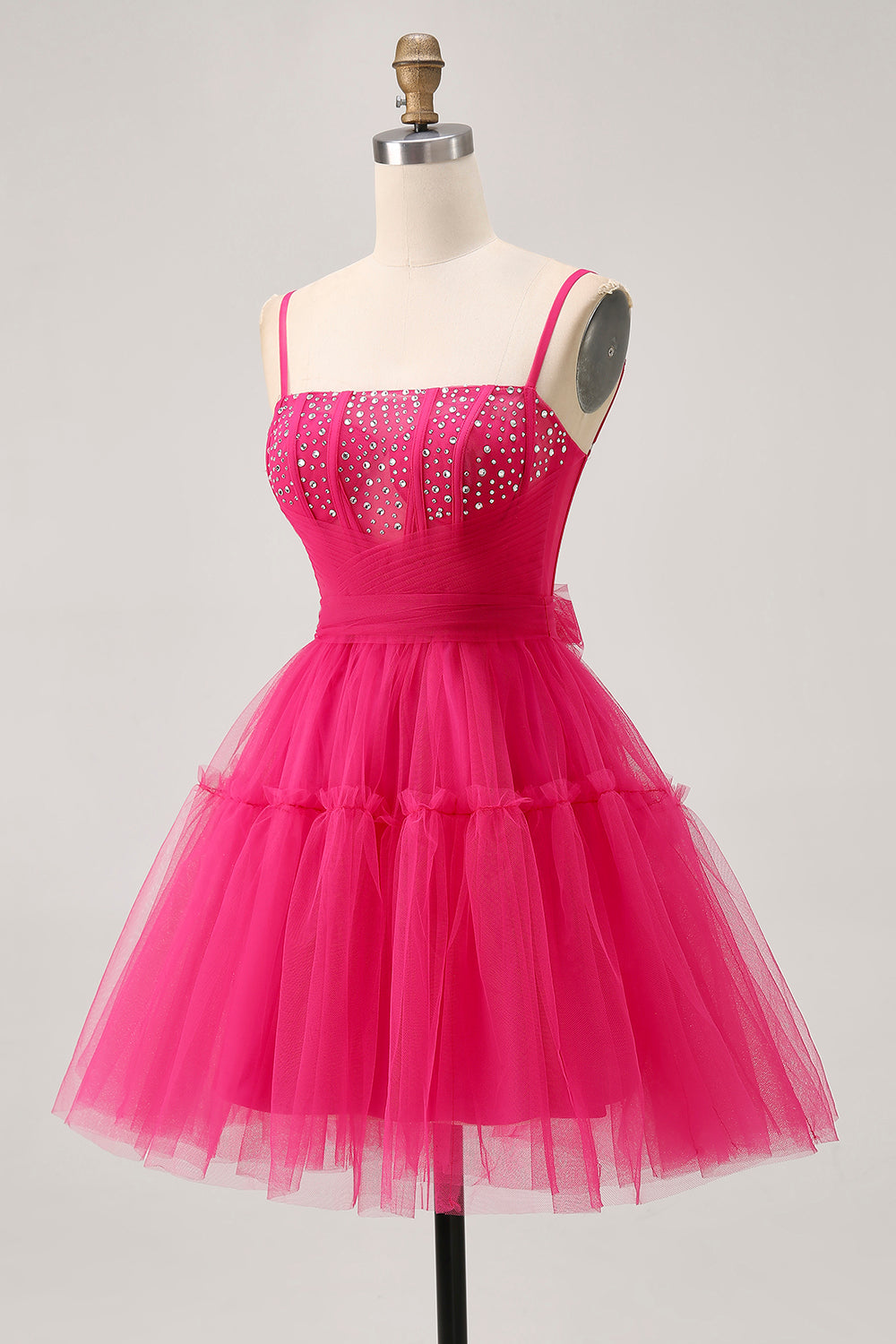 Sparkly Fuchsia Tulle A Line Short Homecoming Dress with Beading
