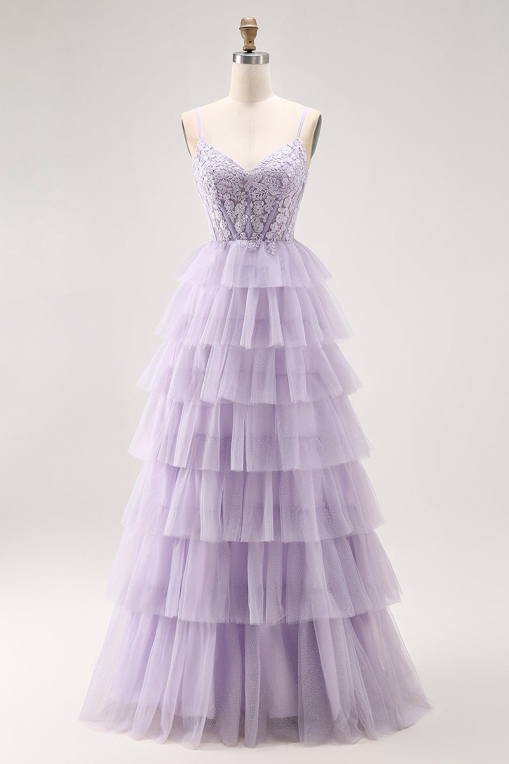 Glitter Lilac Corset A Line Tiered Long Prom Dress with Lace