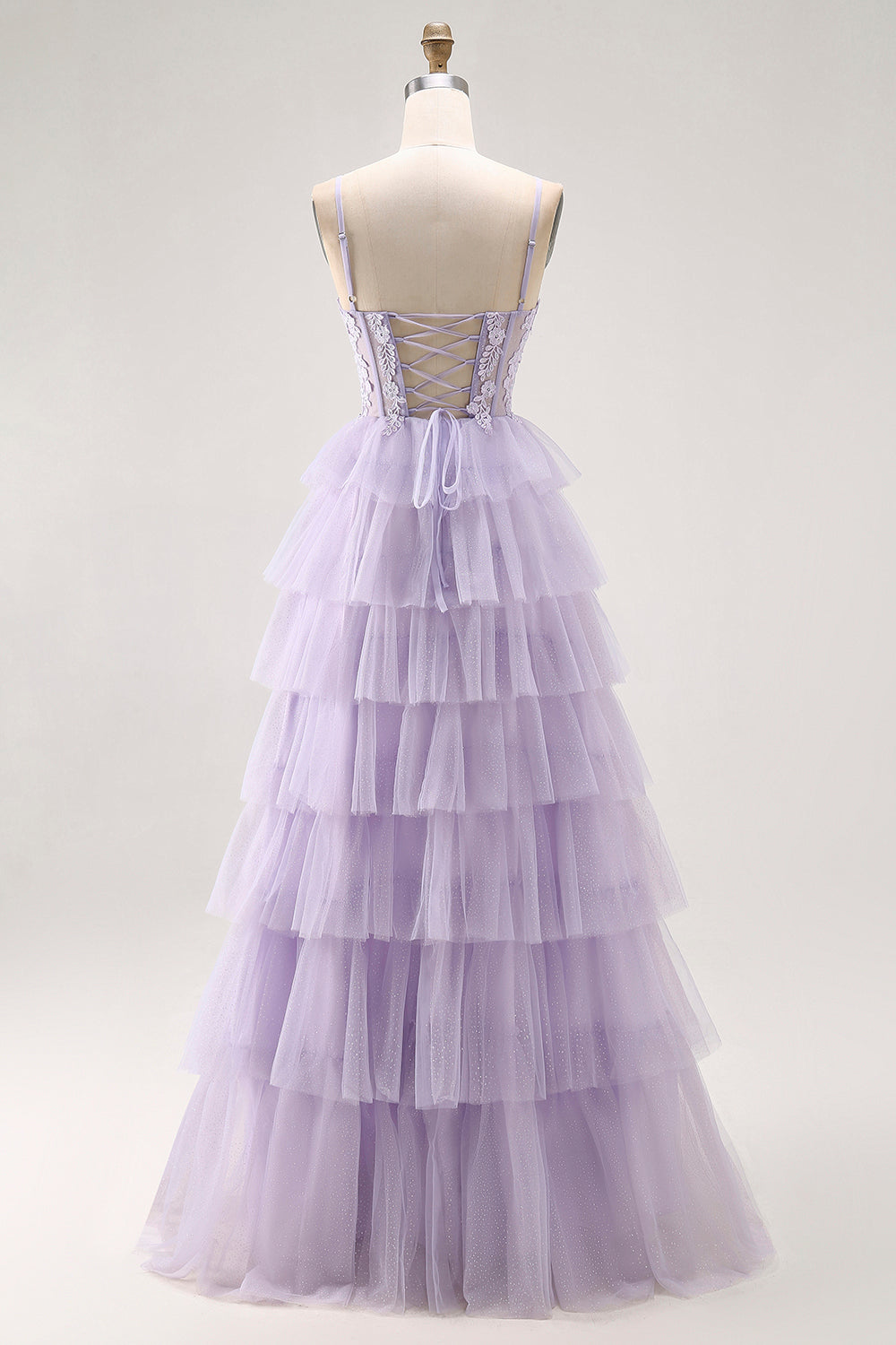 Glitter Lilac Corset A Line Tiered Long Prom Dress with Lace