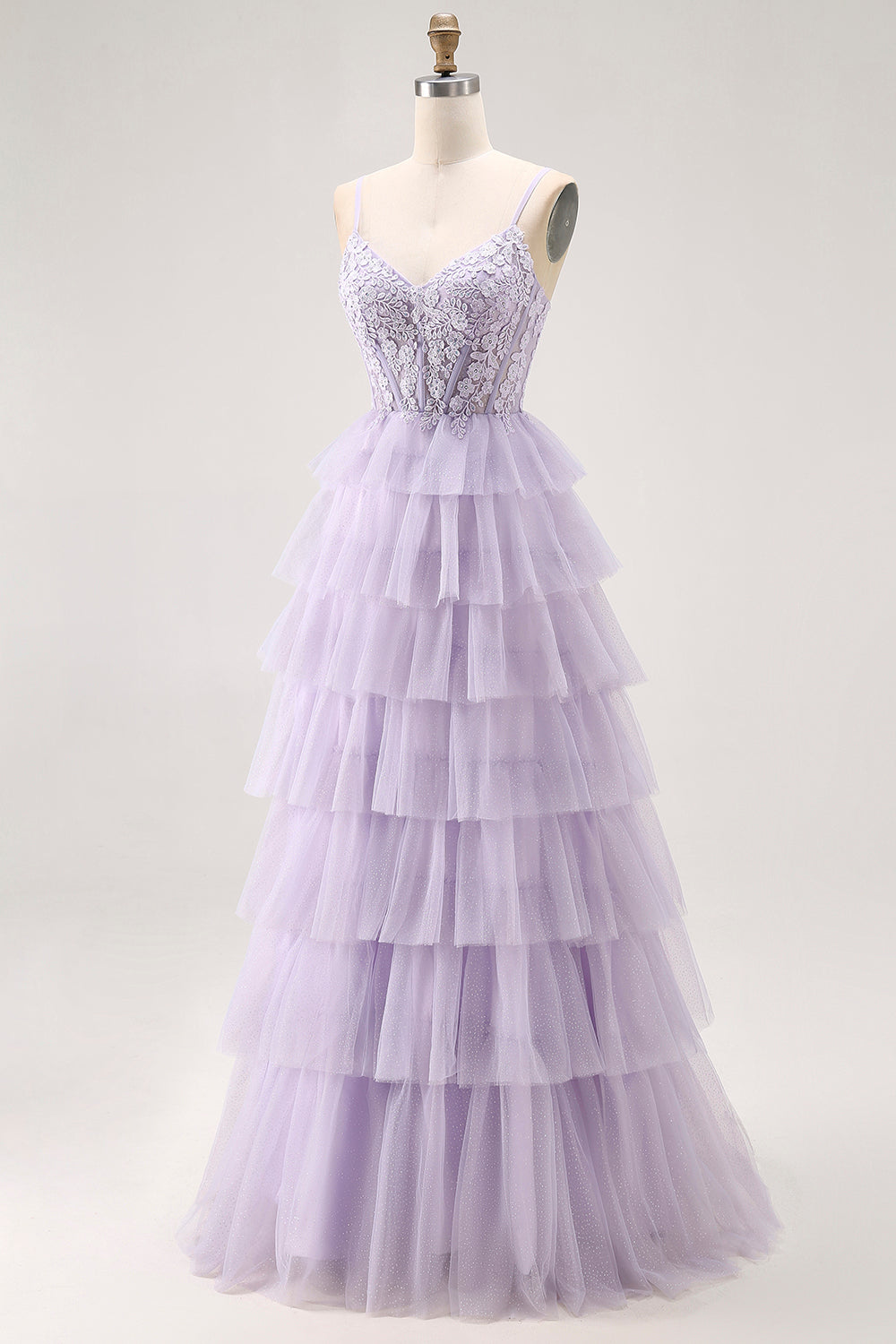 Glitter Lilac Corset A Line Tiered Long Prom Dress with Lace