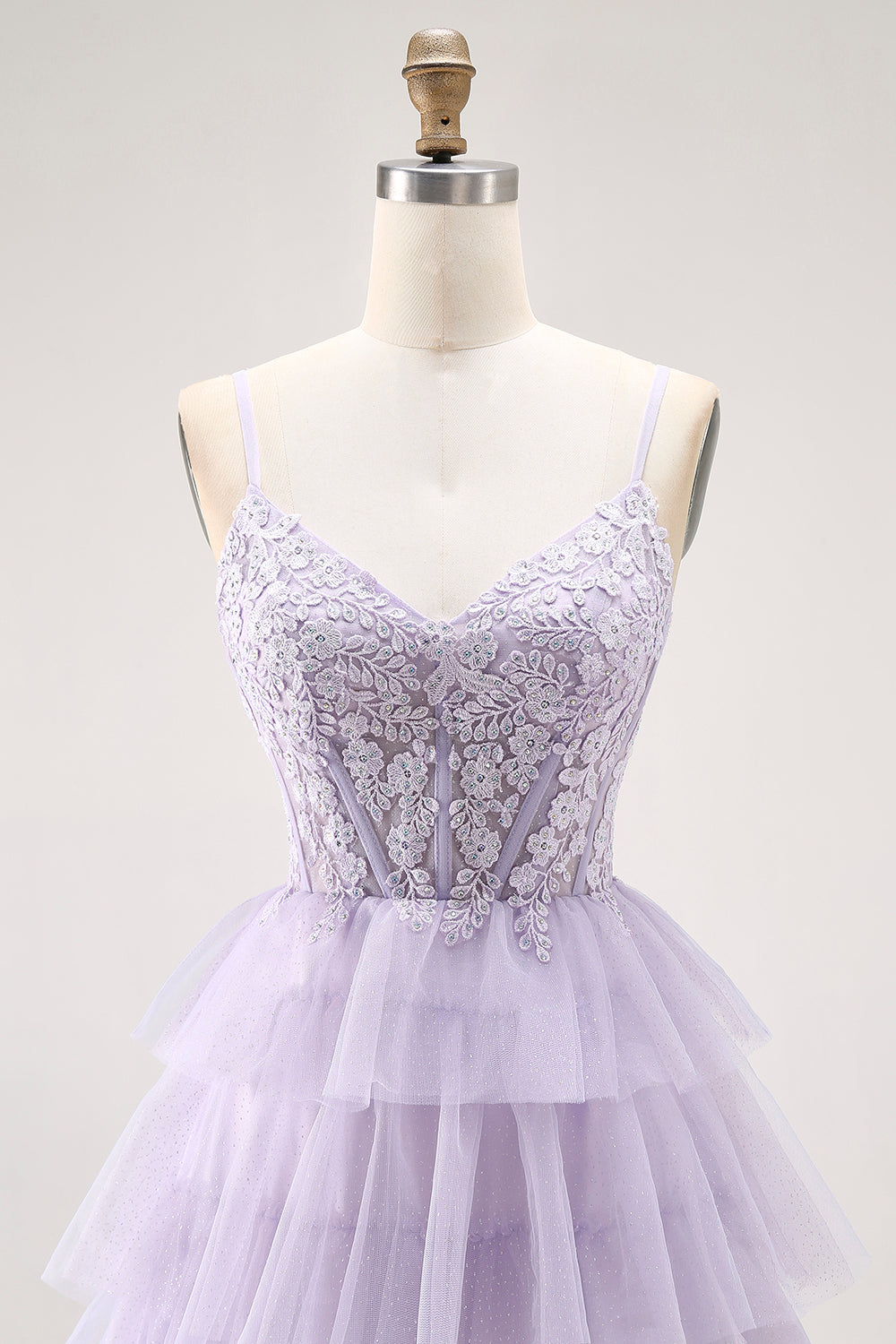 Glitter Lilac Corset A Line Tiered Long Prom Dress with Lace