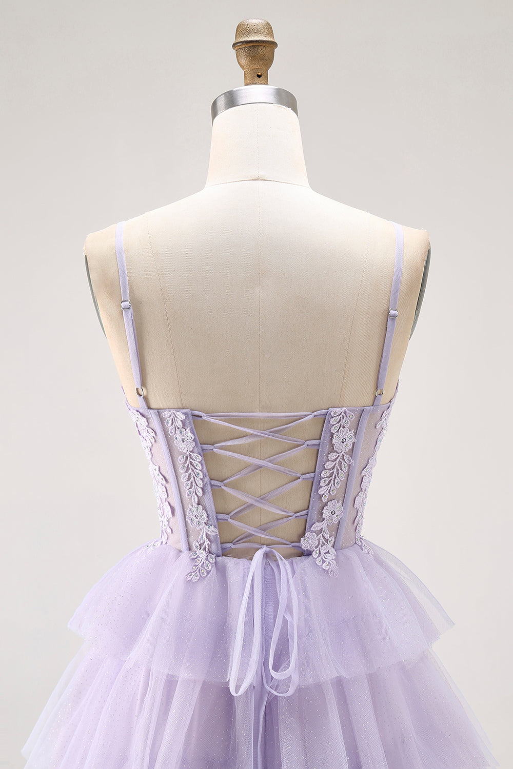 Glitter Lilac Corset A Line Tiered Long Prom Dress with Lace