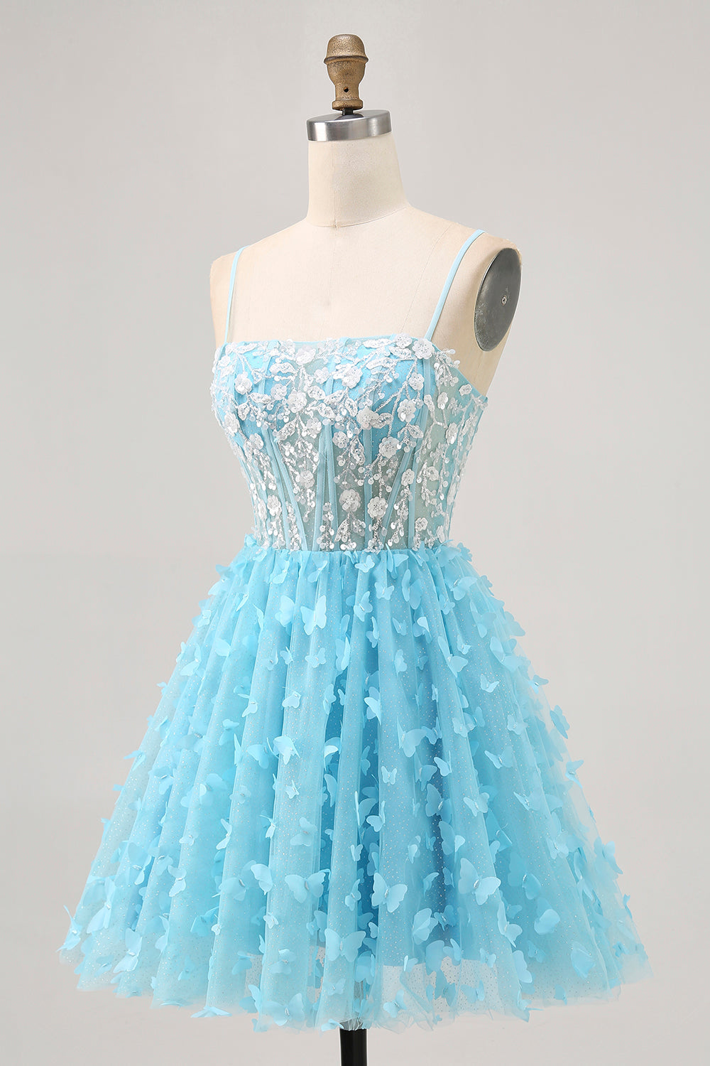 Sparkly Blue Corset Floral Short Homecoming Dress with Sequins