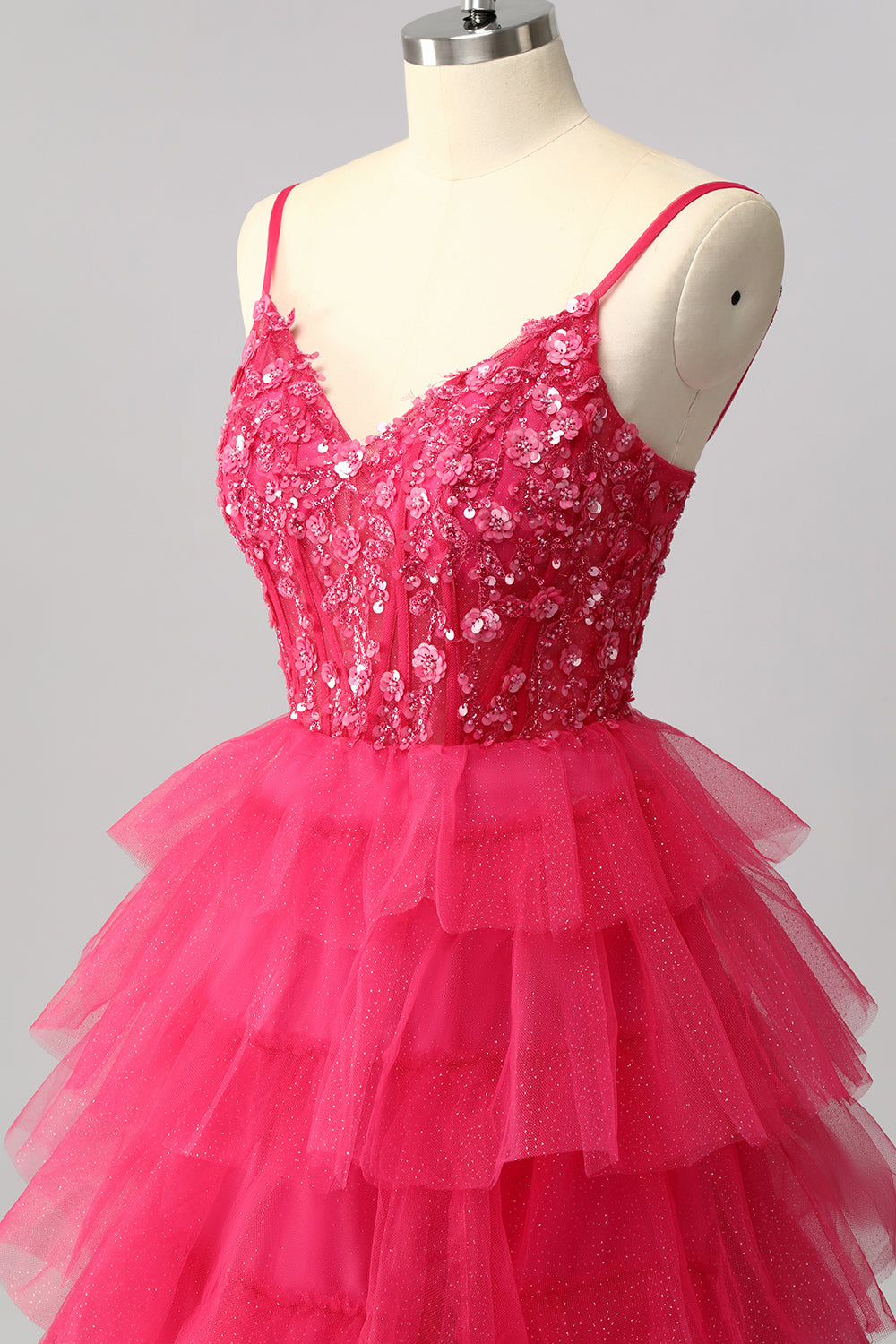 Sparkly Fuchsia Spaghetti Straps Tulle Ruffled A-Line Long Corset Prom Dress with Sequins