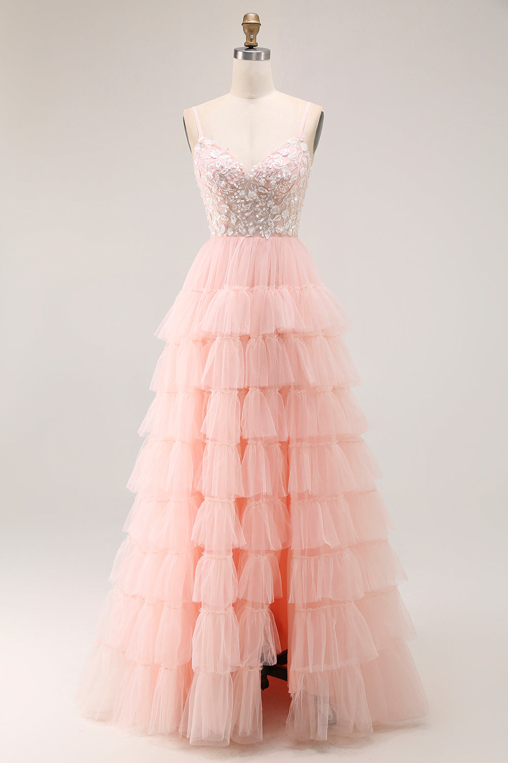 Sparkly Blush Tulle Ruffled Floral A-Line Long Prom Dress with Sequins