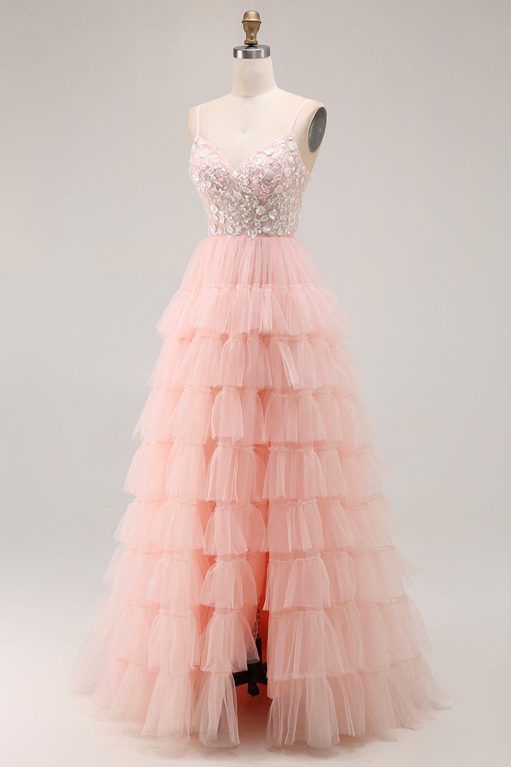 Sparkly Blush Tulle Ruffled Floral A-Line Long Prom Dress with Sequins