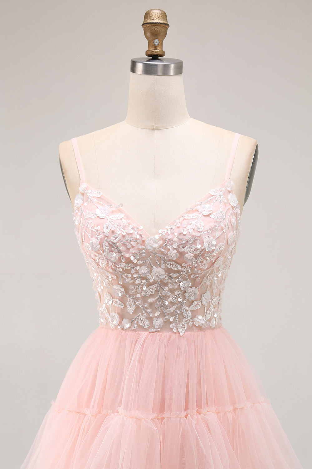 Sparkly Blush Tulle Ruffled Floral A-Line Long Prom Dress with Sequins