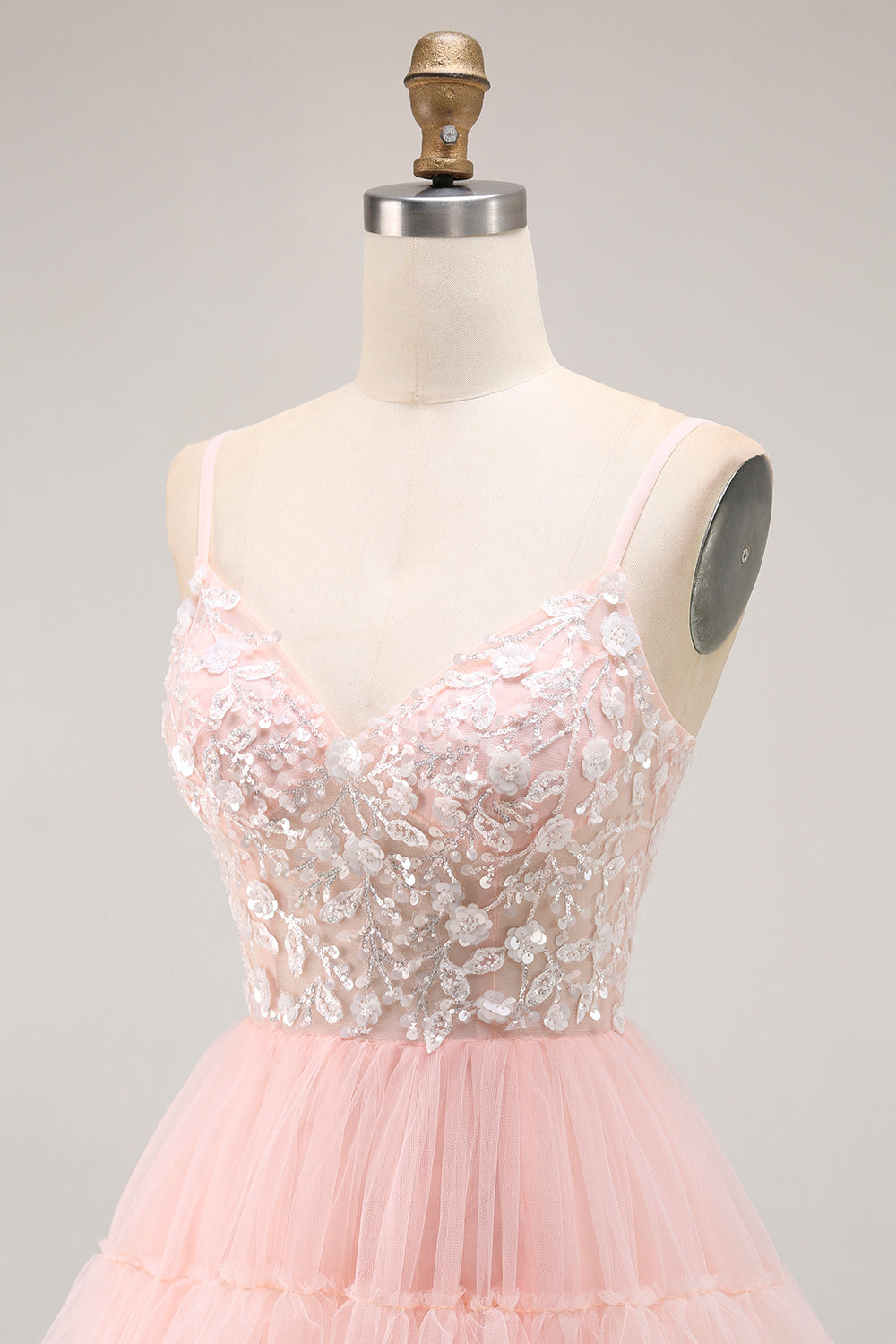 Sparkly Blush Tulle Ruffled Floral A-Line Long Prom Dress with Sequins