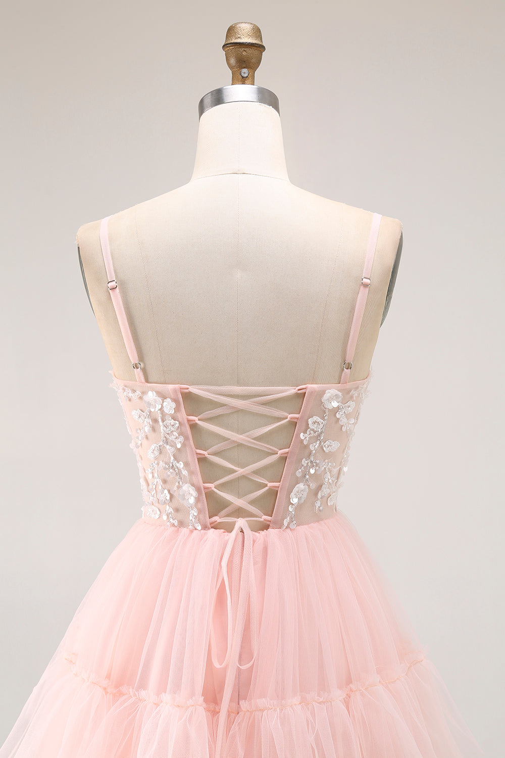 Sparkly Blush Tulle Ruffled Floral A-Line Long Prom Dress with Sequins