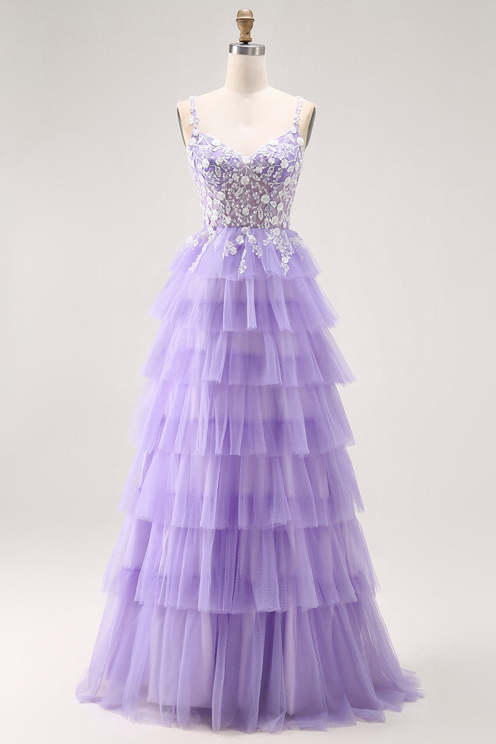 Glitter Purple Tiered A Line Long Prom Dress with Lace