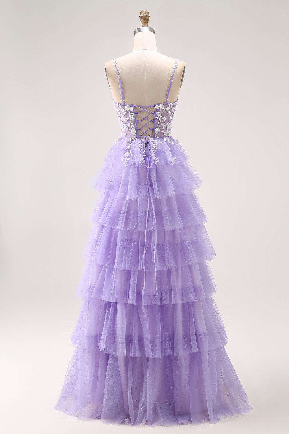 Glitter Purple Tiered A Line Long Prom Dress with Lace