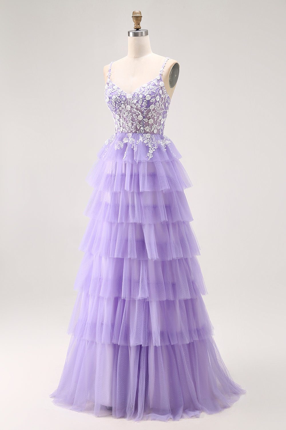 Glitter Purple Tiered A Line Long Prom Dress with Lace