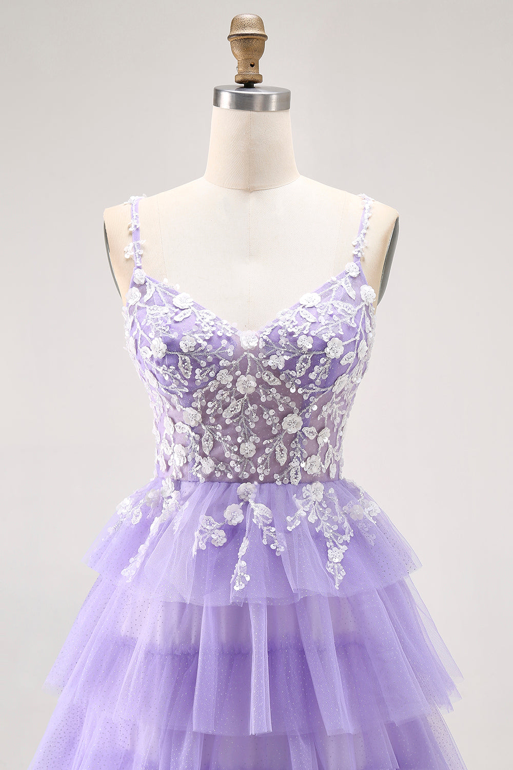 Glitter Purple Tiered A Line Long Prom Dress with Lace