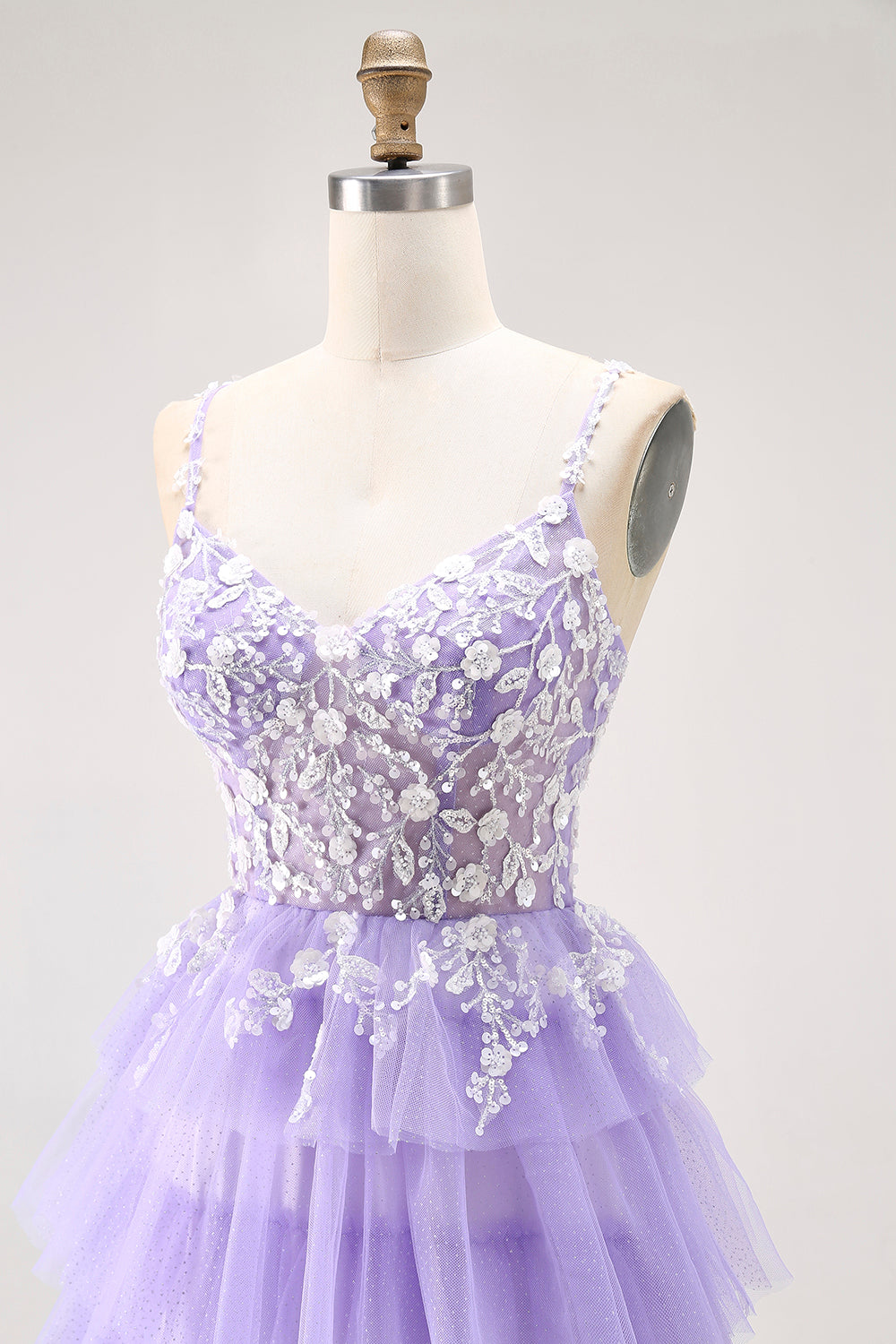 Glitter Purple Tiered A Line Long Prom Dress with Lace