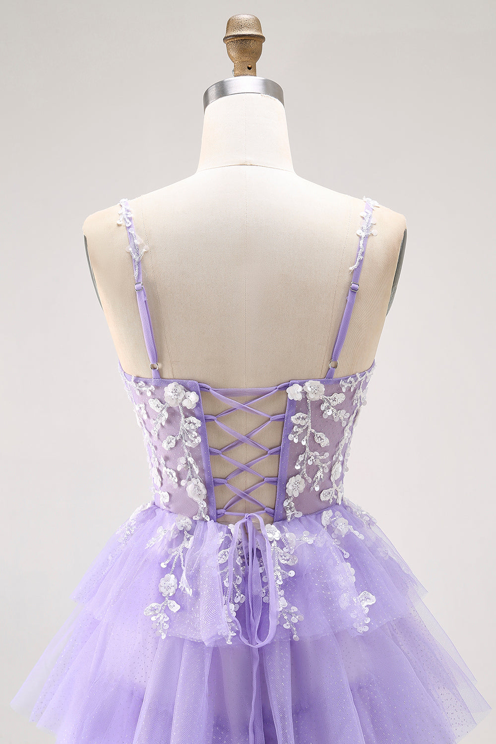 Glitter Purple Tiered A Line Long Prom Dress with Lace