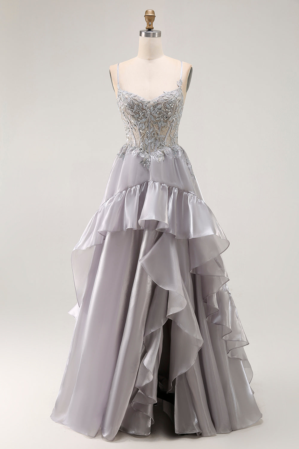Sparkly Grey Corset Ruffled A Line Long Prom Dress with Beading
