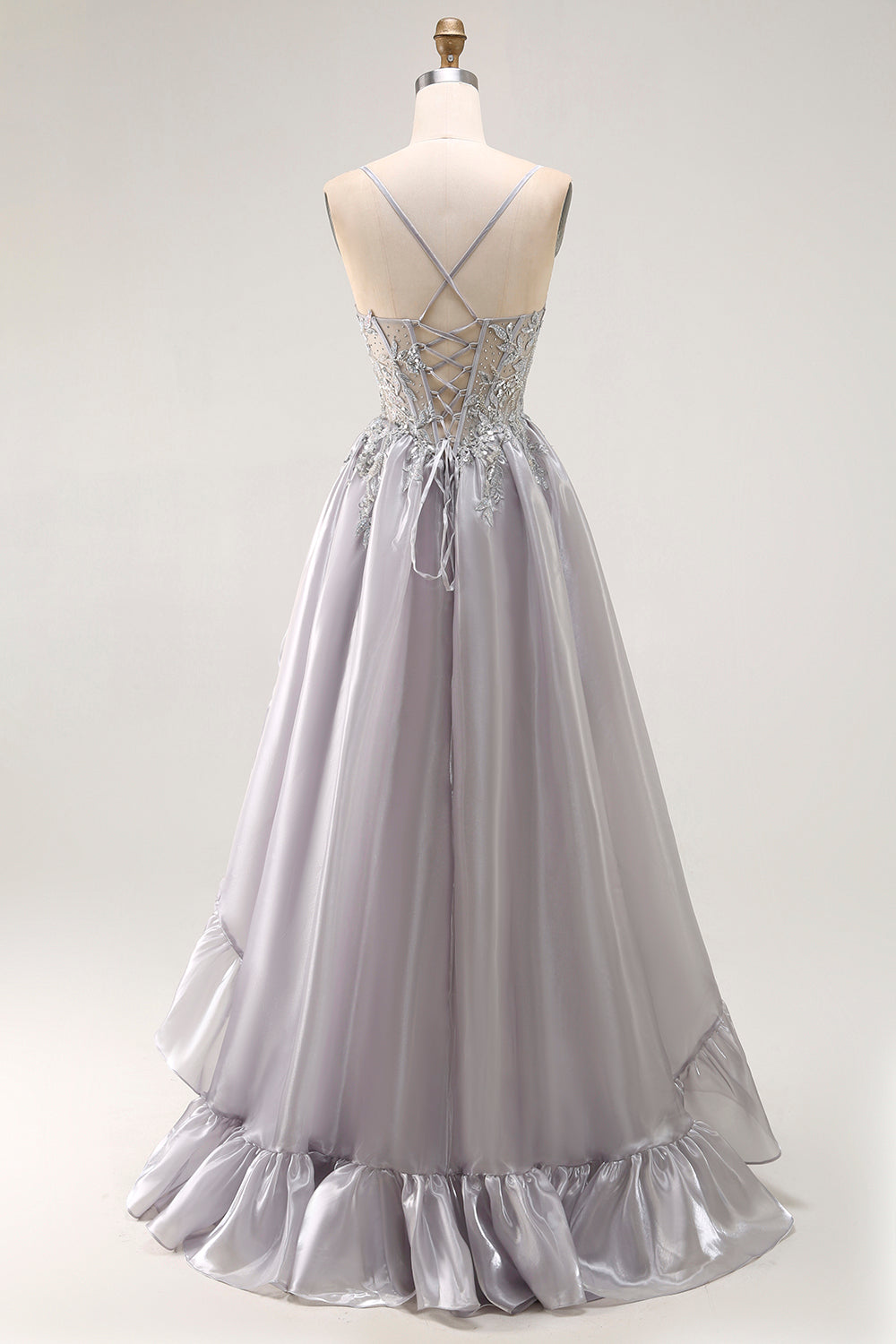 Sparkly Grey Corset Ruffled A Line Long Prom Dress with Beading