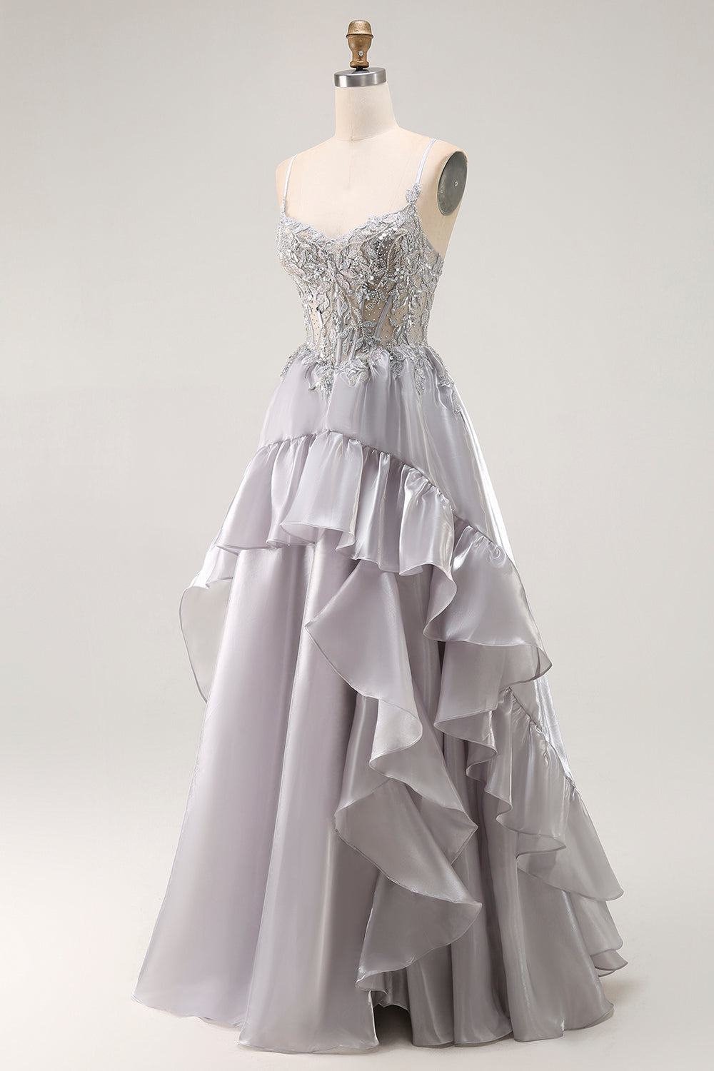 Sparkly Grey Corset Ruffled A Line Long Prom Dress with Beading