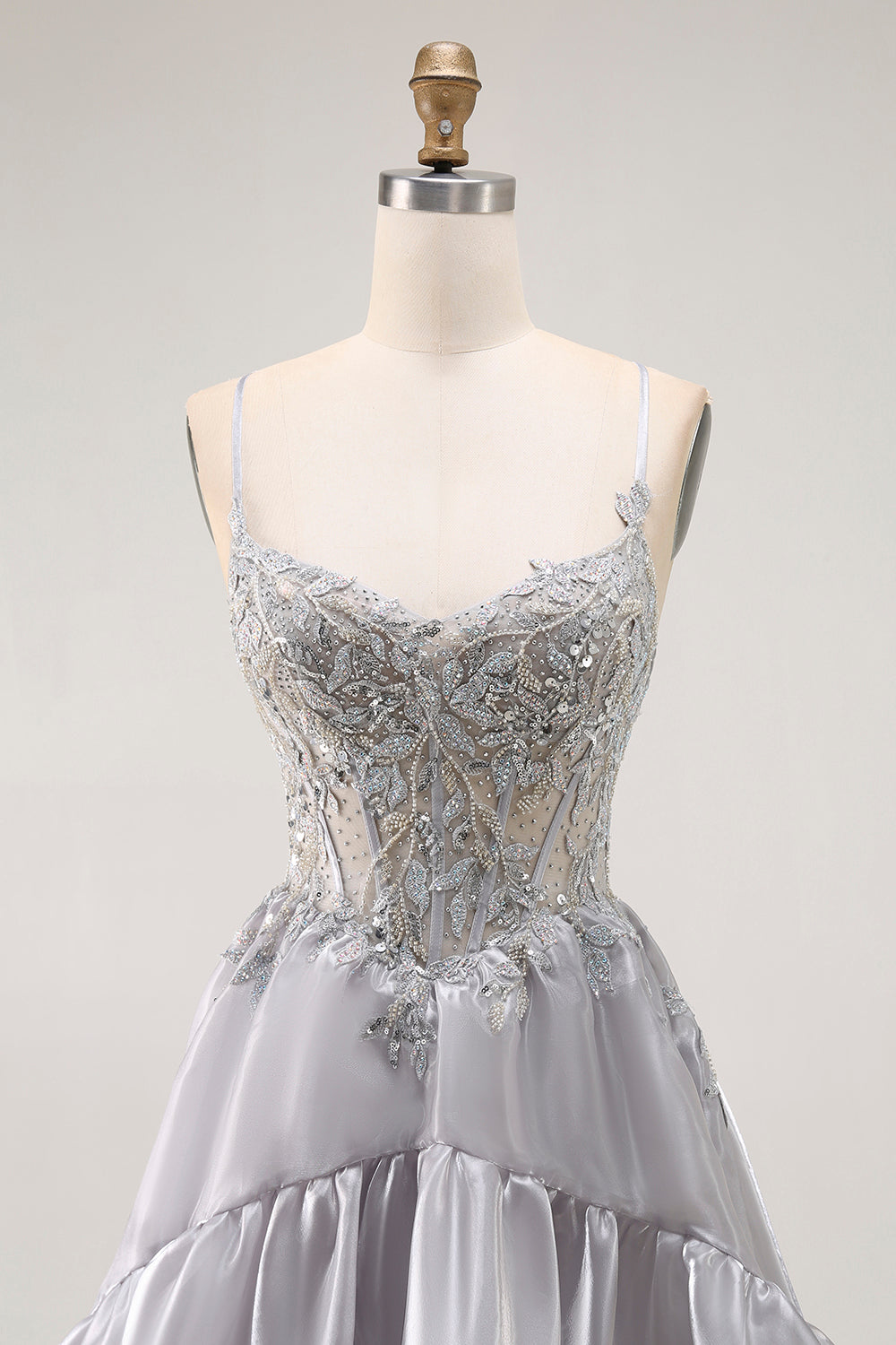 Sparkly Grey Corset Ruffled A Line Long Prom Dress with Beading