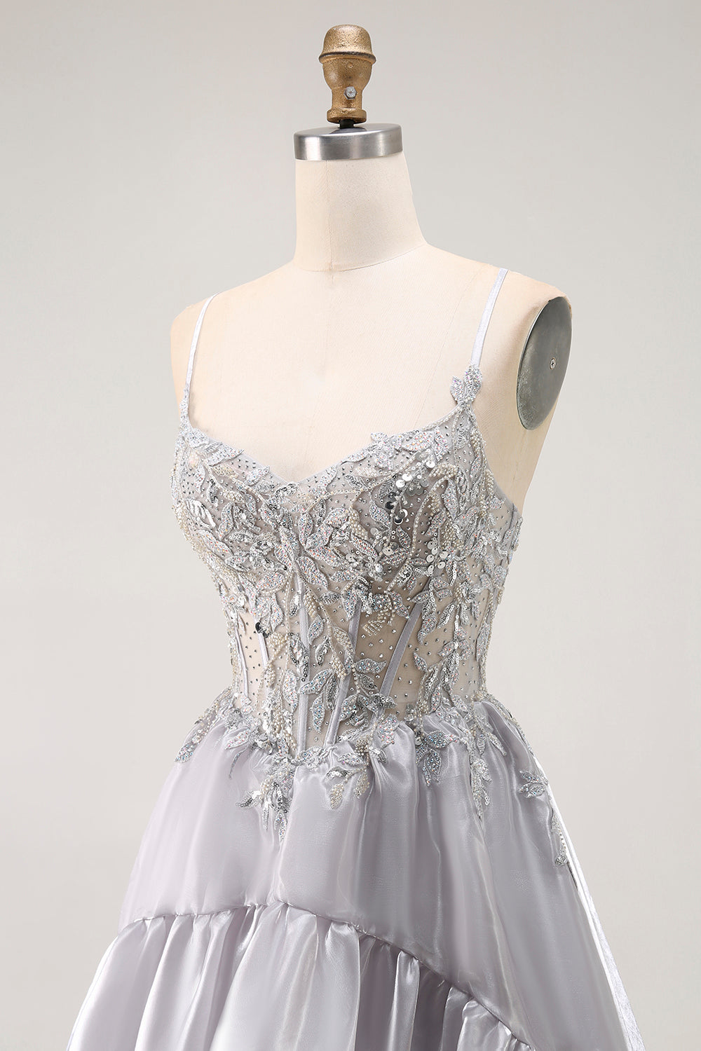 Sparkly Grey Corset Ruffled A Line Long Prom Dress with Beading