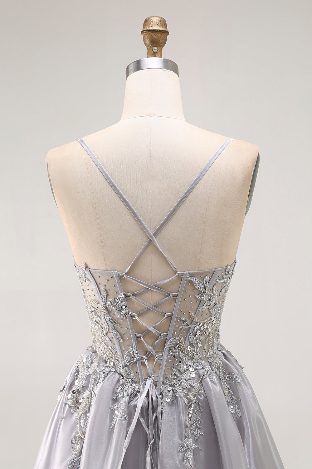 Sparkly Grey Corset Ruffled A Line Long Prom Dress with Beading