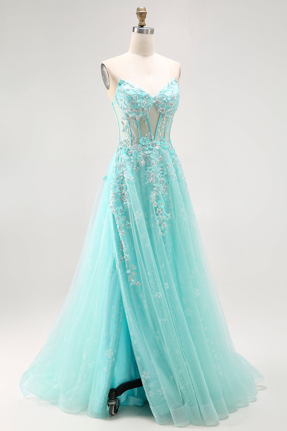 Sparkly Green Corset A Line Long Prom Dress with Lace