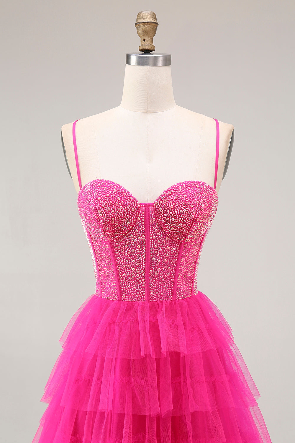 Sparkly Fuchsia Beaded Corset Tiered Long Prom Dress with Slit