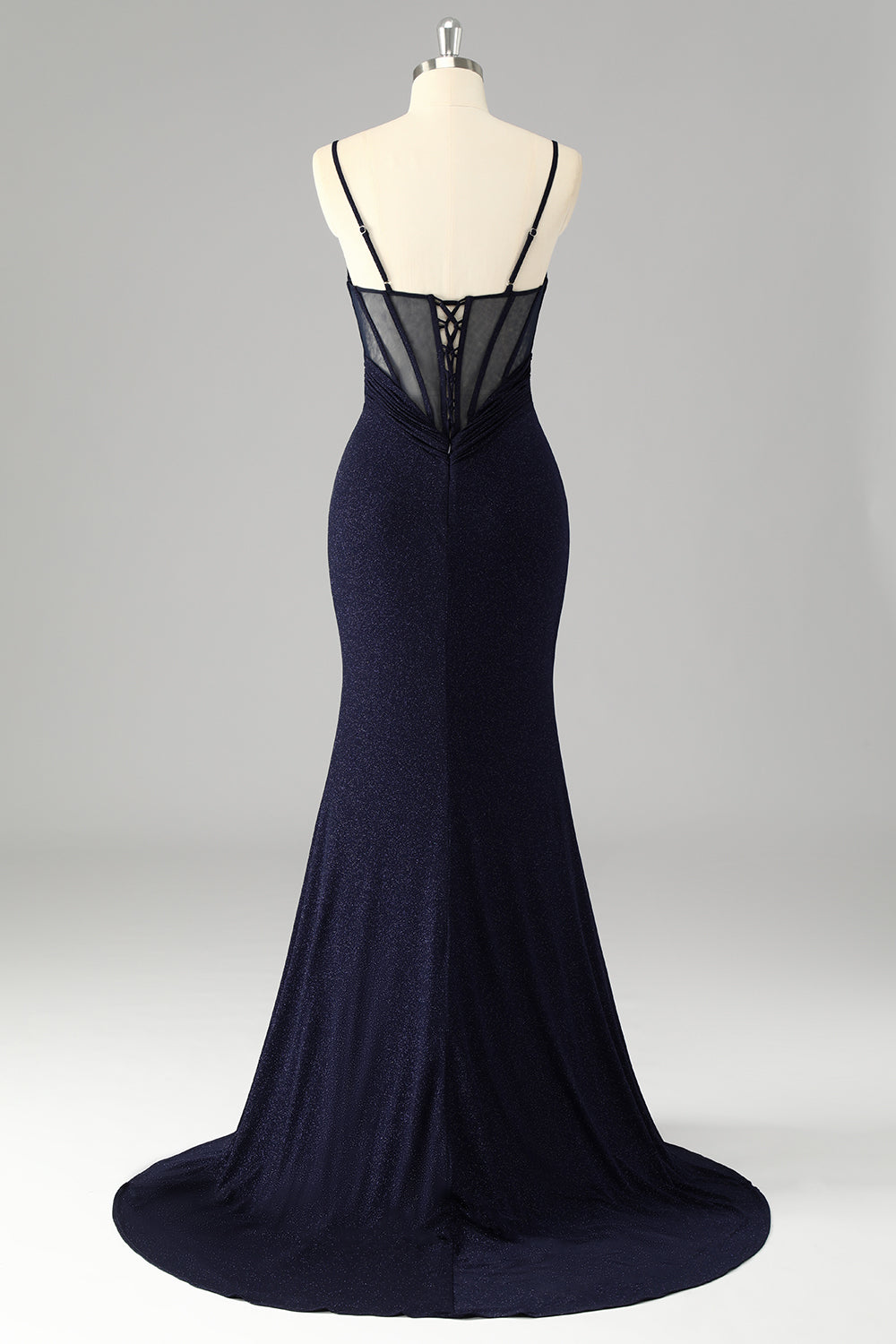 Glitter Navy Spaghetti Straps Mermaid Long Corset Prom Dress with Slit