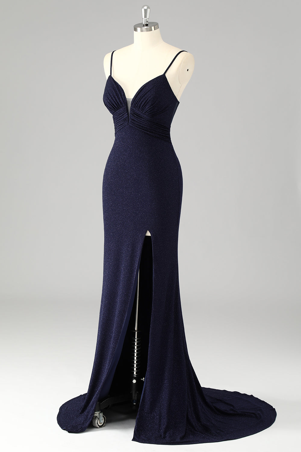 Glitter Navy Spaghetti Straps Mermaid Long Corset Prom Dress with Slit