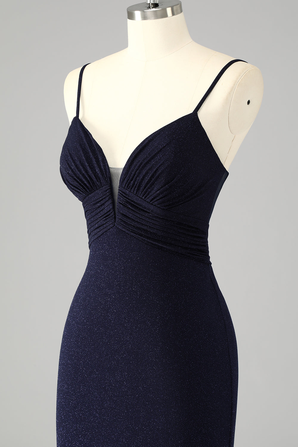 Glitter Navy Spaghetti Straps Mermaid Long Corset Prom Dress with Slit