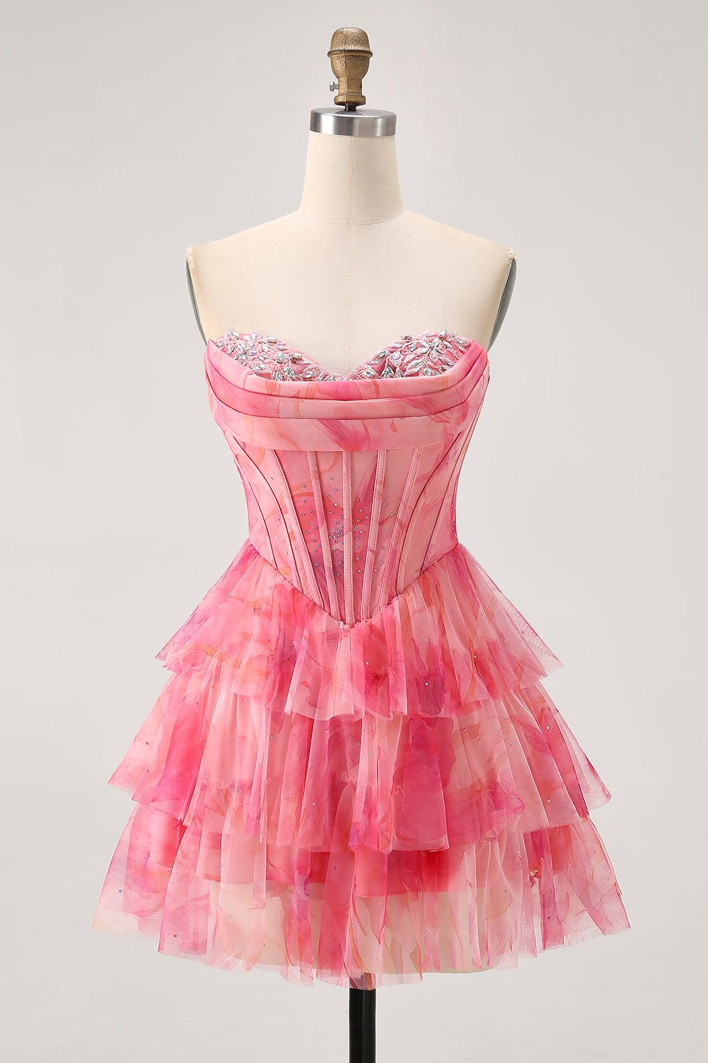 Sparkly Red Corset Beaded Short Tiered Homecoming Dress with Ruffles