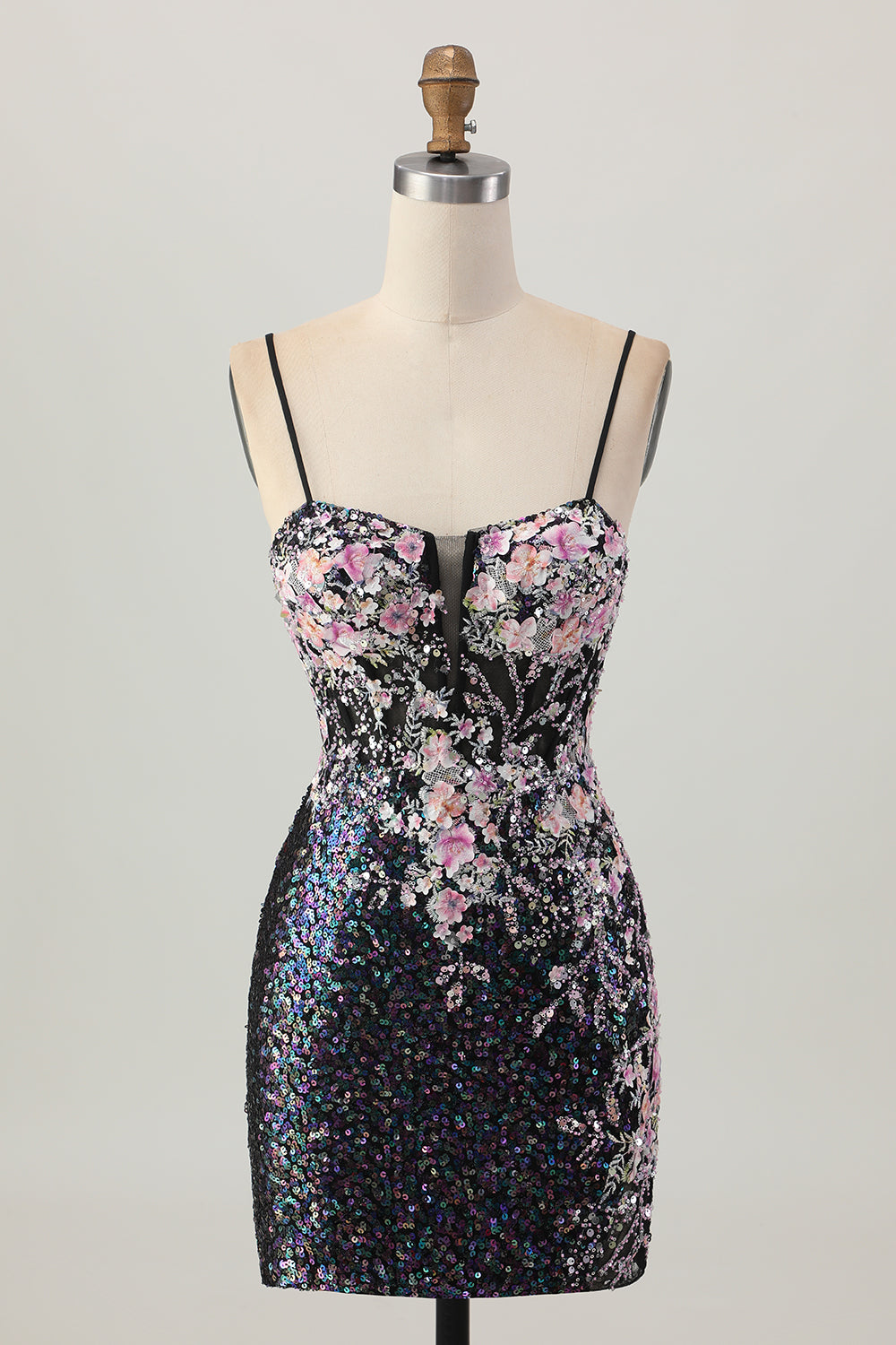 Sparkly Black Pink Floral Sequin Tight Short Homecoming Dress