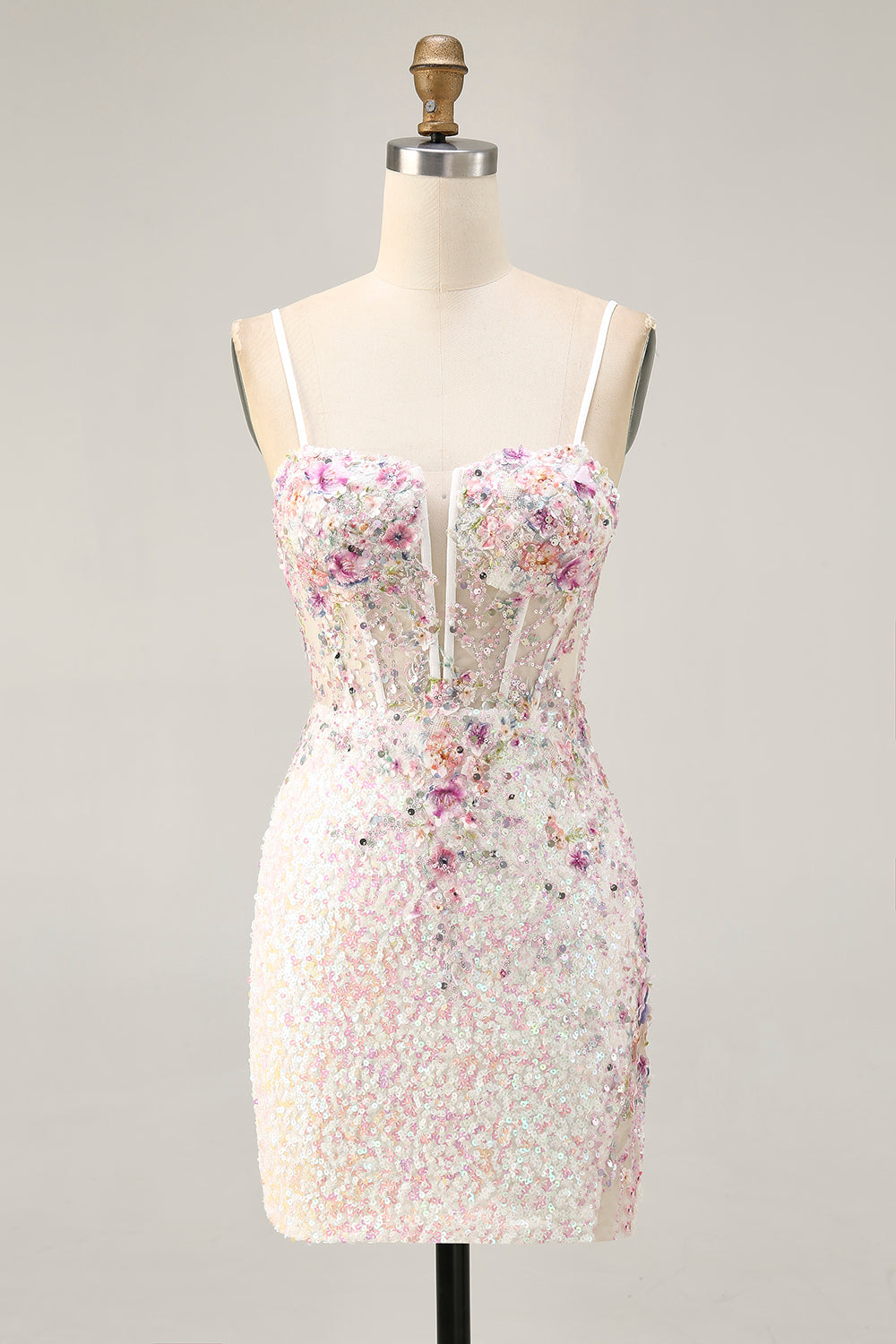 Zapakasa Women Sparkly Pink Sequins Short Homecoming Dress with Appliques Spaghetti Straps Bodycon Corset Cocktail Dress
