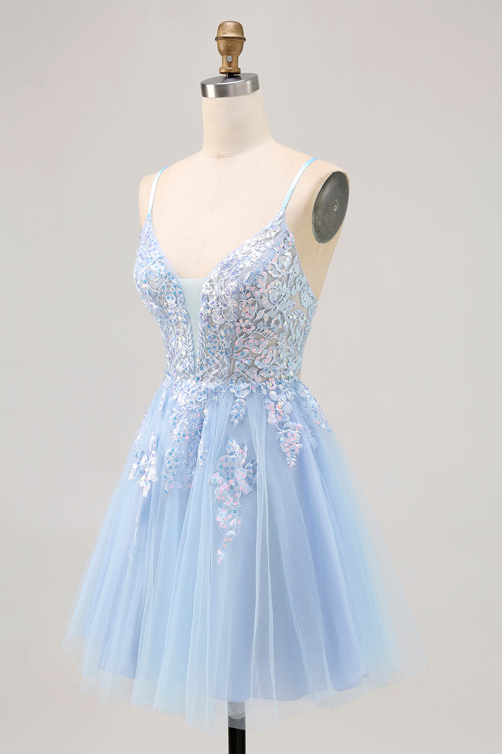 Sparkly Blue Tulle A Line Short Homecoming Dress with Appliques