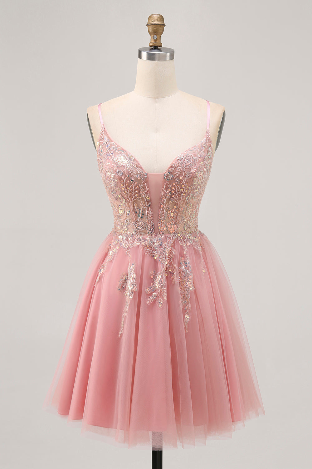 Sparkly Blush Beaded Tulle A Line Short Homecoming Dress