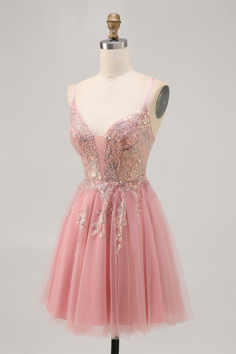 Sparkly Blush Beaded Tulle A Line Short Homecoming Dress
