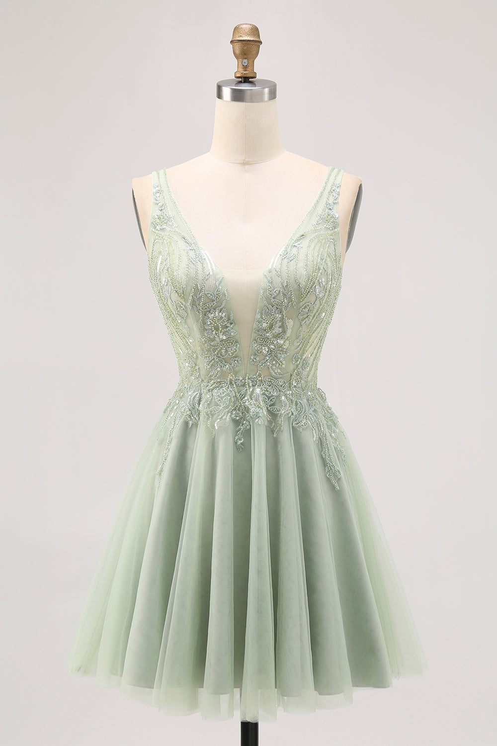 Sparkly Green Tulle V-Neck Beaded Short Homecoming Dress