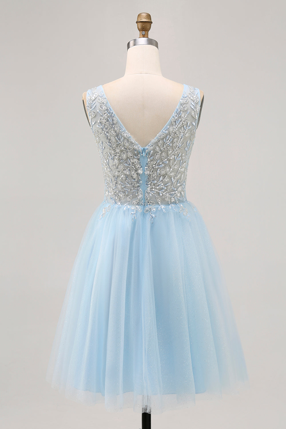 Sparkly Blue Beaded V-Neck Short Tulle Homecoming Dress