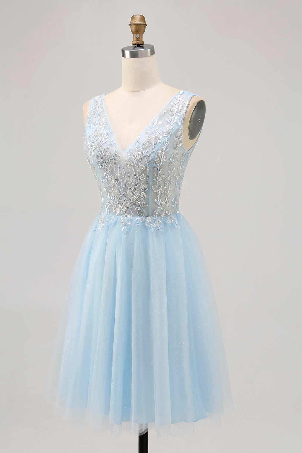 Sparkly Blue Beaded V-Neck Short Tulle Homecoming Dress