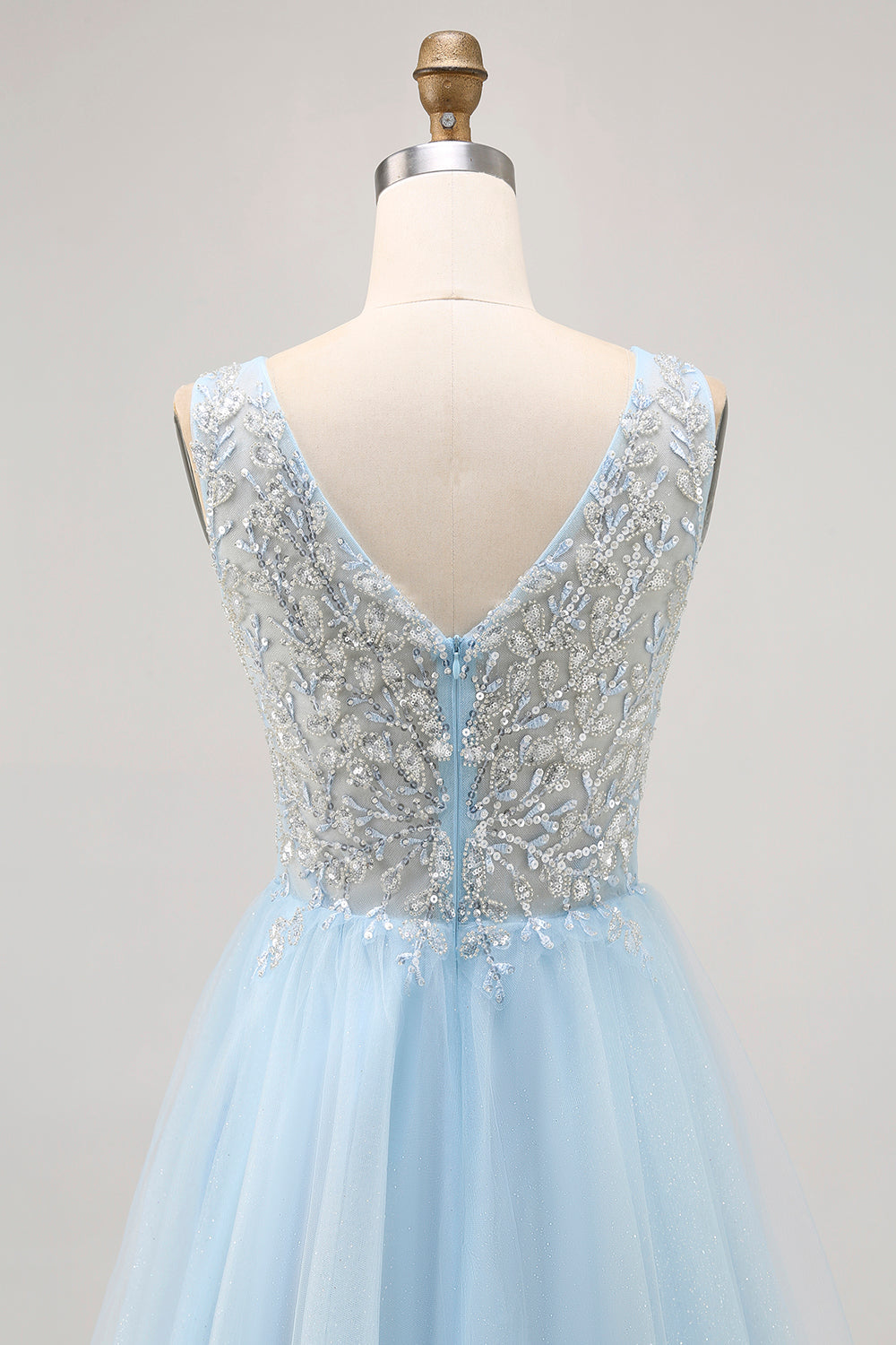 Sparkly Blue Beaded V-Neck Short Tulle Homecoming Dress