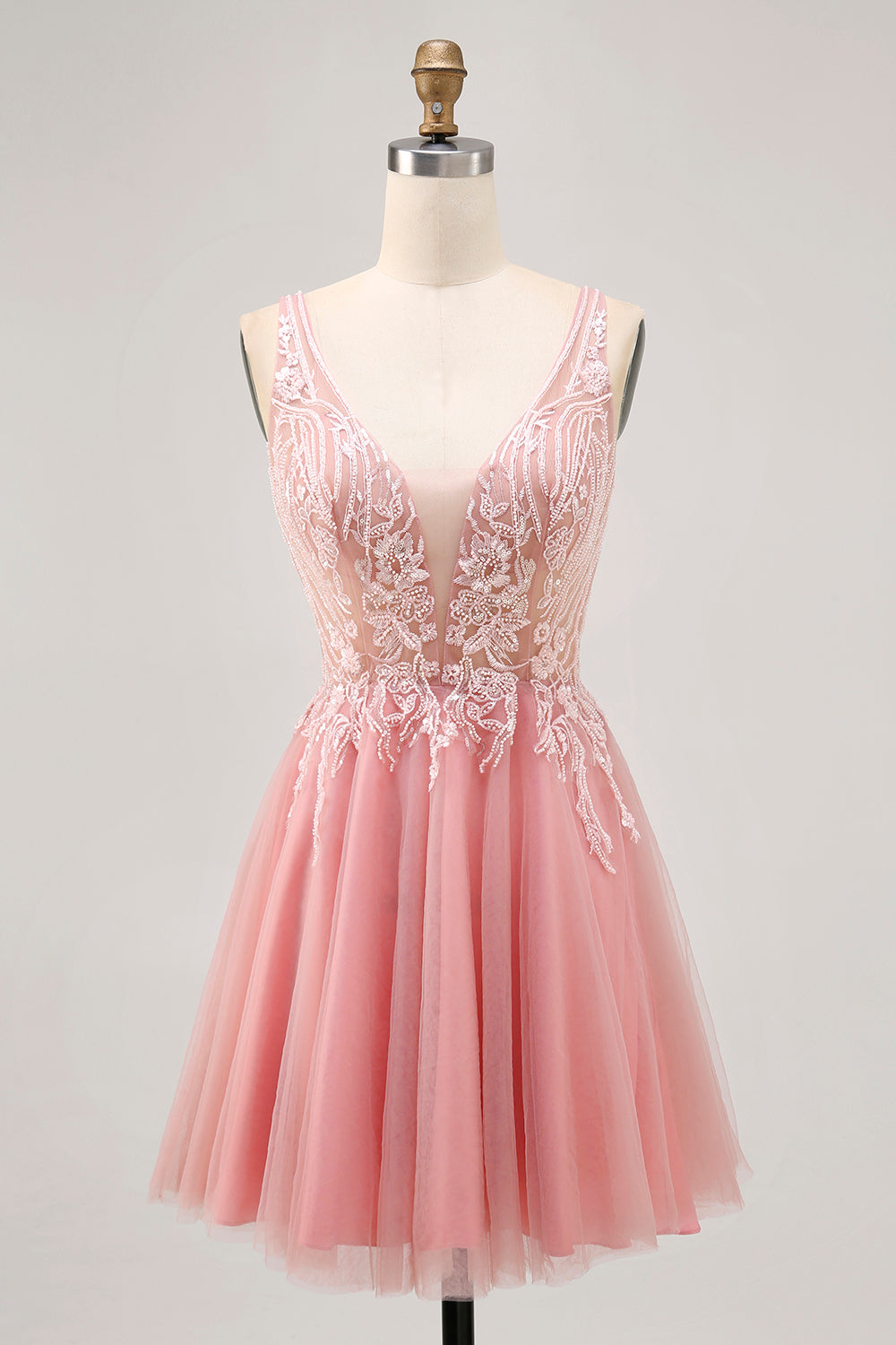 Sparkly Blush V-Neck Beaded Short Tulle Homecoming Dress