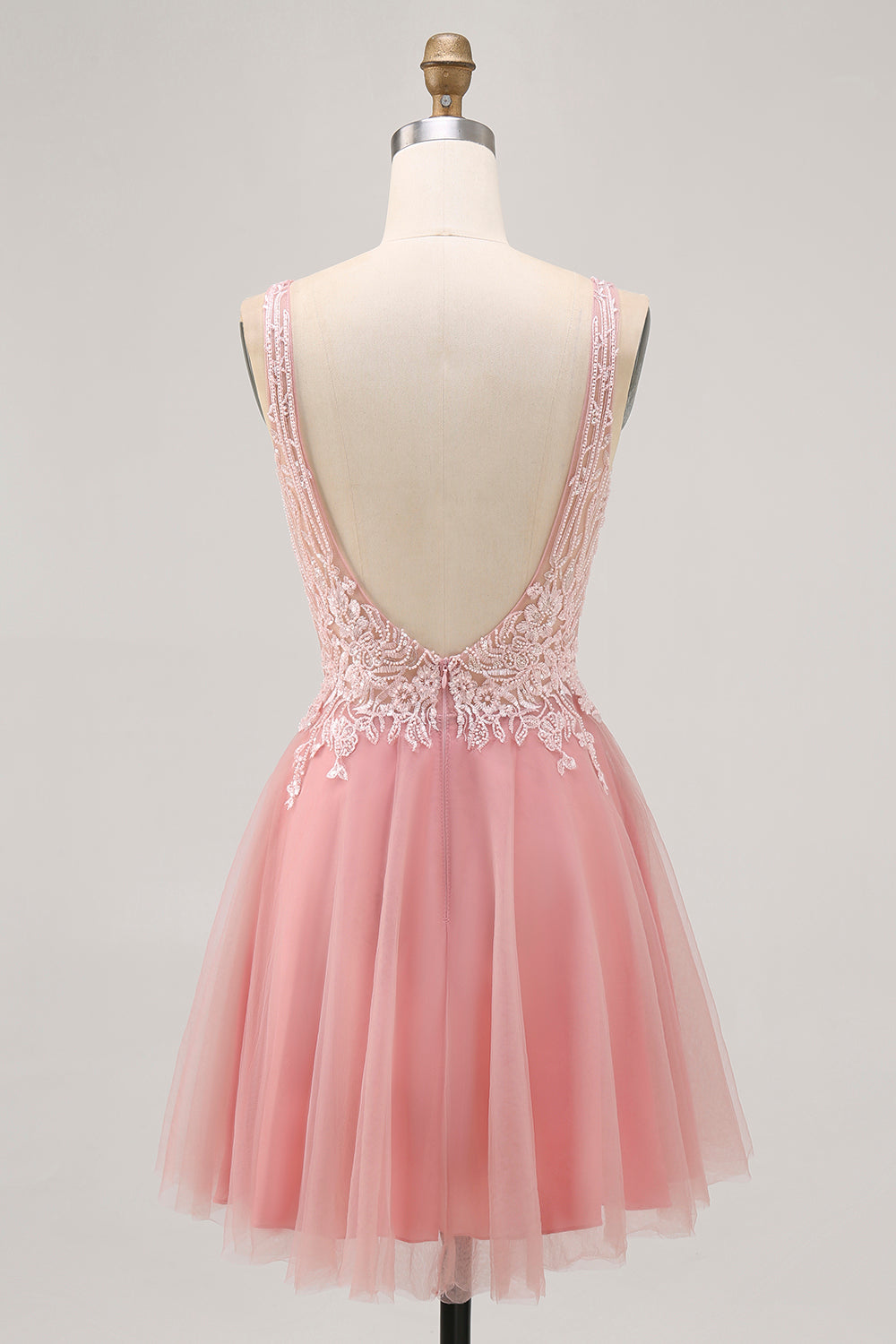 Sparkly Blush V-Neck Beaded Short Tulle Homecoming Dress