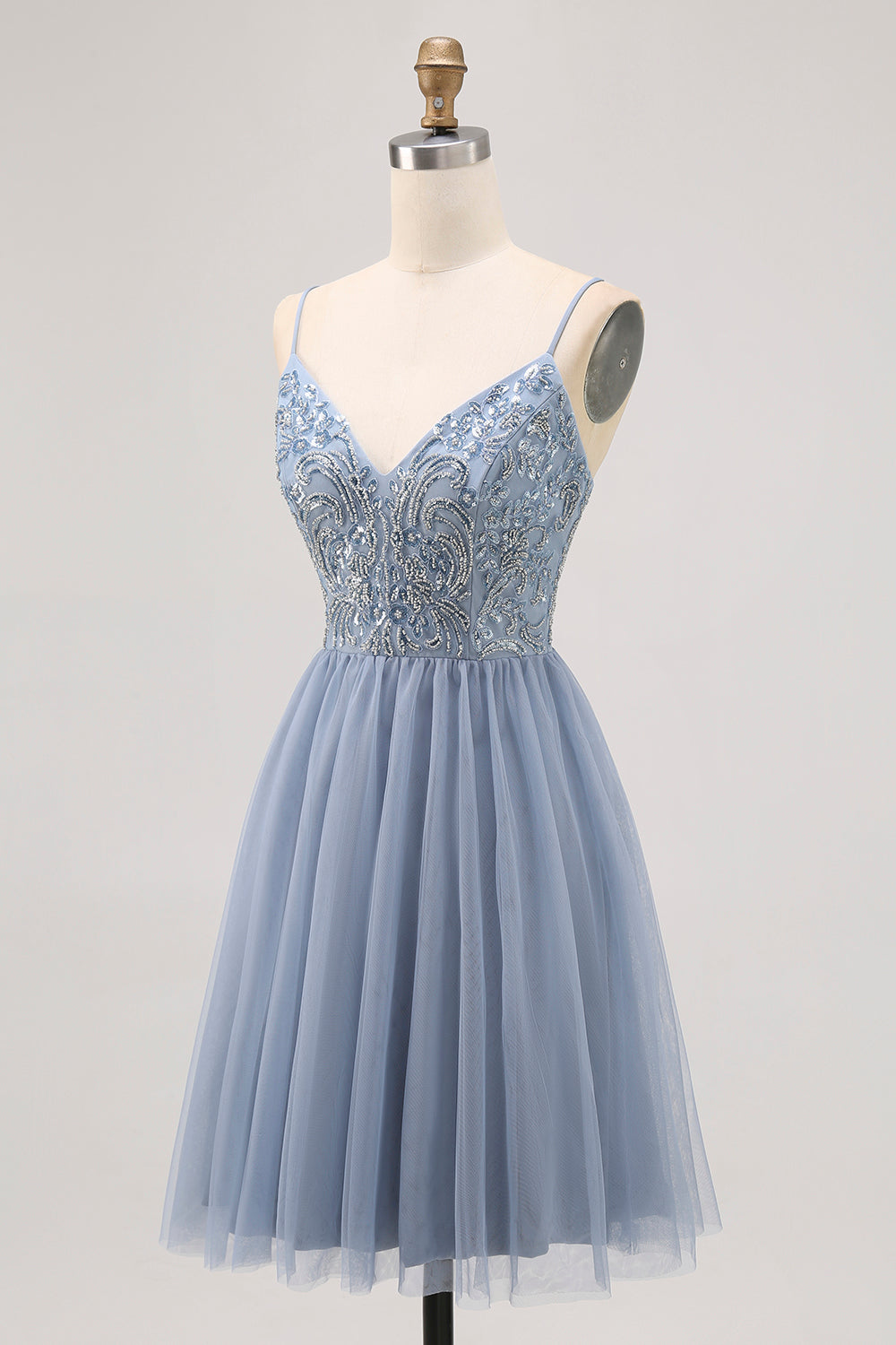 Sparkly Grey Blue Tulle A Line Short Homecoming Dress with Beading