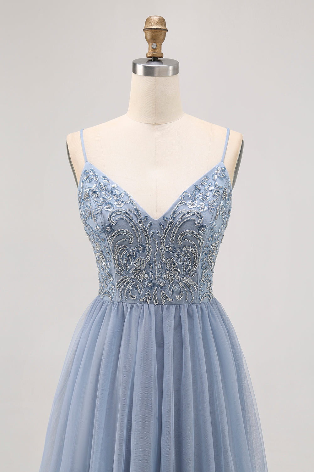 Sparkly Grey Blue Tulle A Line Short Homecoming Dress with Beading