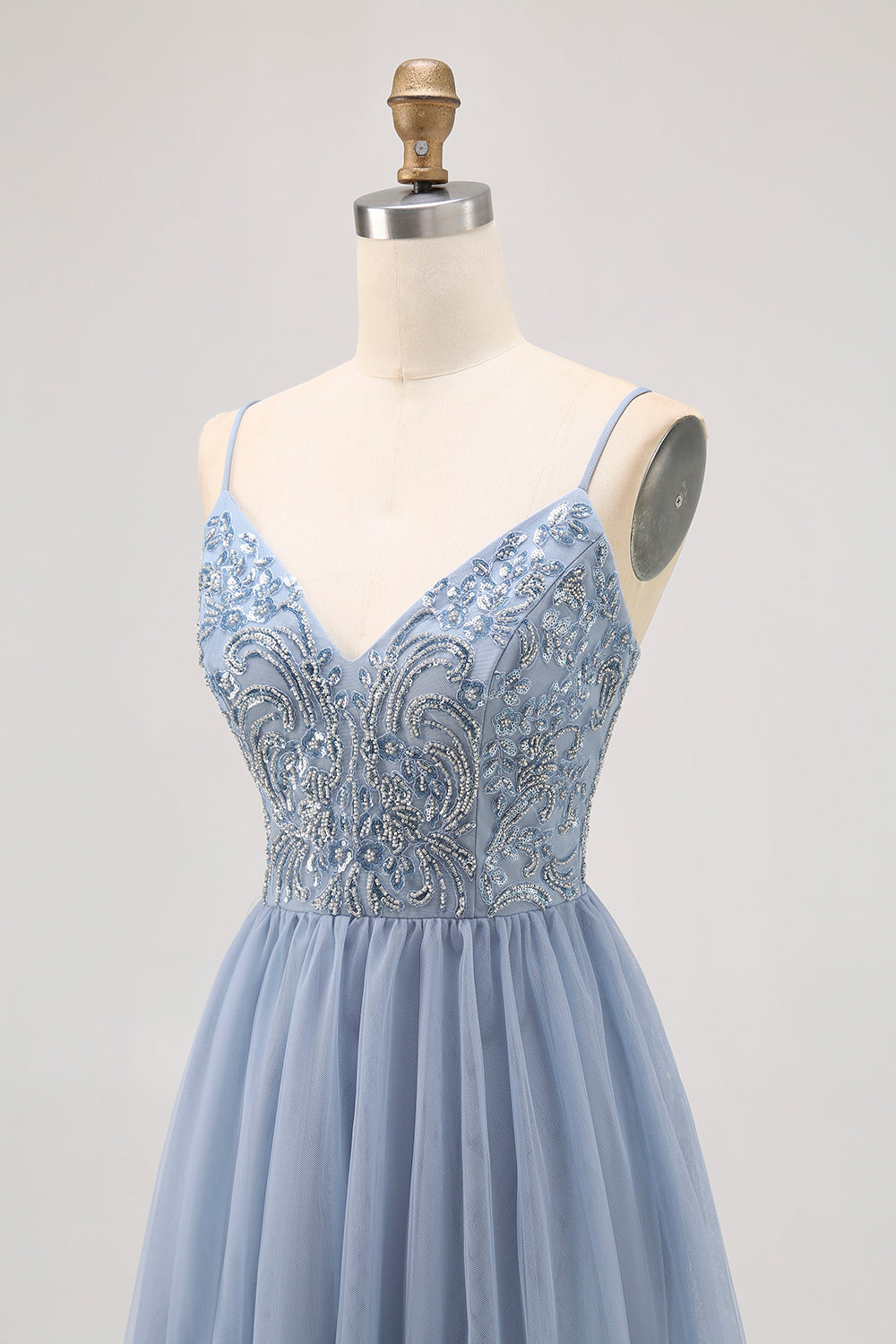 Sparkly Grey Blue Tulle A Line Short Homecoming Dress with Beading